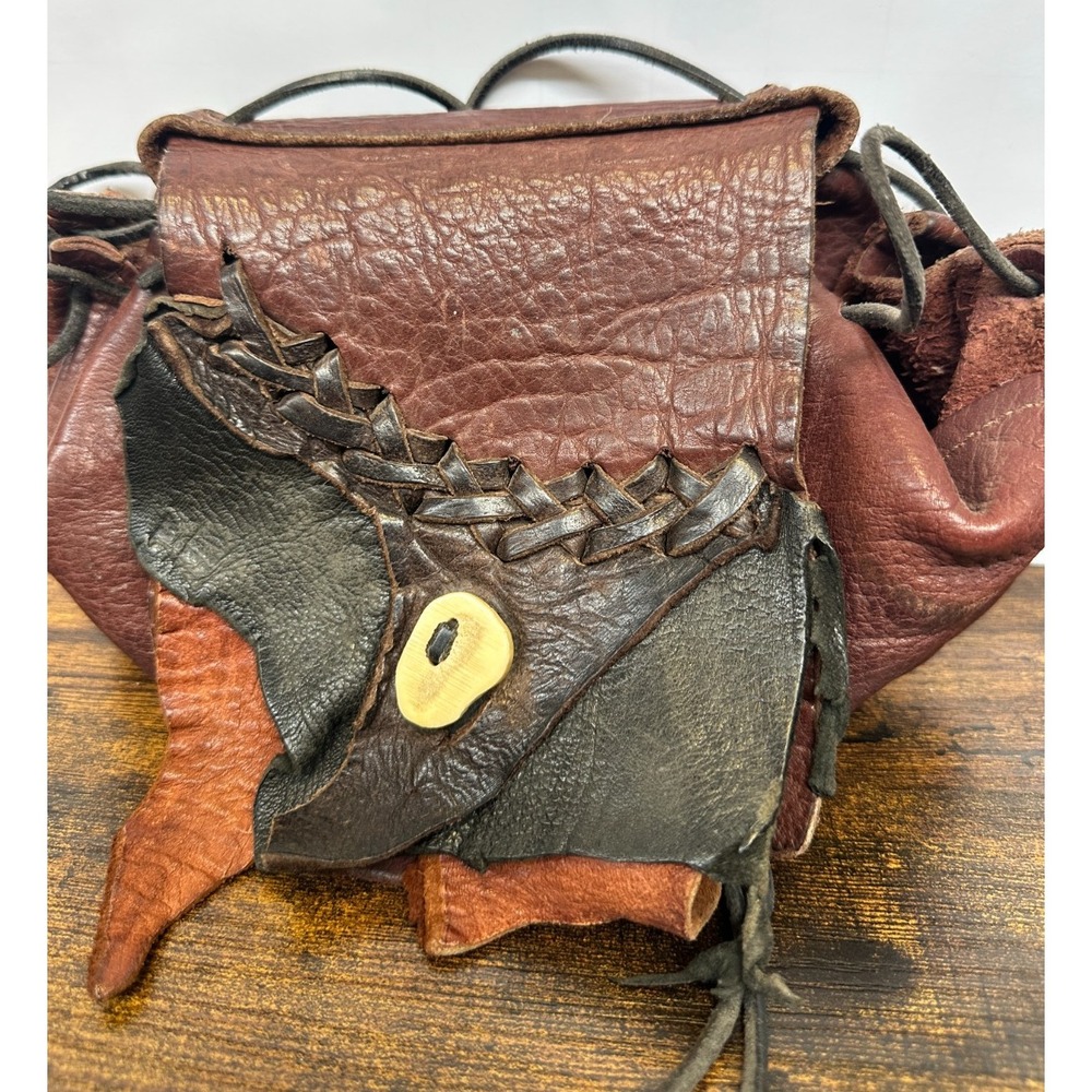 Handmade Artisan Leather Crossbody Pouch Bag Brown Patchwork Bone Button Boho - Picture 3 of 16